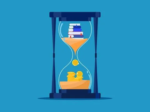 Time to turn knowledge into money. Stack of books in an hourglass turned into Stock Illustration