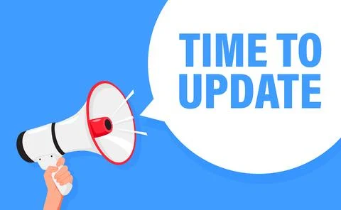 Time to update. Hand hold megaphone speaker for announce. Attention please 库存插图