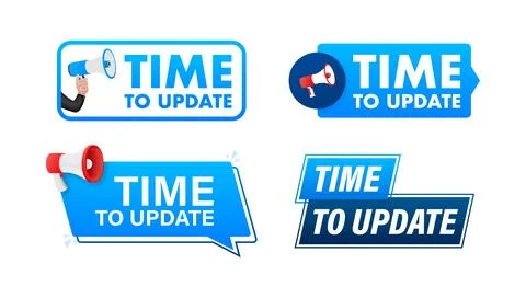 Time to update text with Megaphone label set. Megaphone in hand promotion banner Stock Illustration
