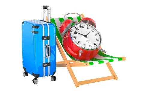 Time for vacation, concept. Suitcase and alarm clock on deck chair, 3D rend.. Stock Illustration