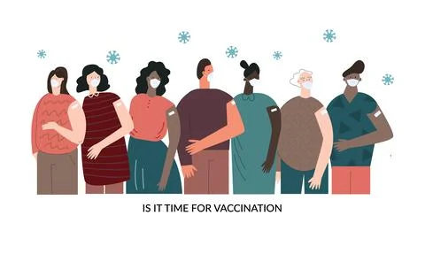 Time for vaccination vector concept. Diverse multicultural people were vaccin Stock Illustration