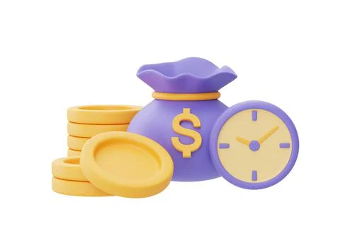 Time value of money concept with clock and coin stacks,time management,long t Stock Illustration