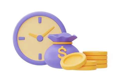 Time value of money concept with clock and coin stacks,time management,long t Stock Illustration