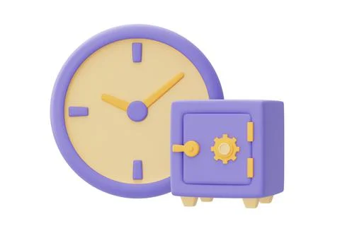 Time value of money concept with clock and safe box,time management,long term Stock Illustration