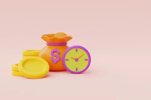 Time value of money concept with clock and coin stacks, time management, long Stock Illustration