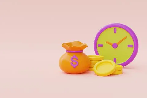 Time value of money concept with clock and coin stacks, time management, long Stock Illustration