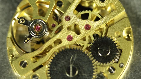 Time Watch Interior Clock Gears Mechanism Balance Spiral System Spinning Working Stock Footage 35871055