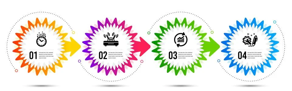 Time, Wifi and Update data icons set. Engineering sign. Clock, Internet router Stock Illustration