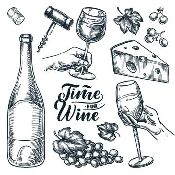 Time for wine vector hand drawn sketch illustration. Human hand holding wine Illustrazione stock