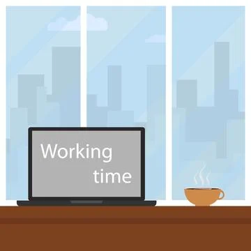 Time to work. The laptop on the desktop in the office with the inscription 스톡 일러스트
