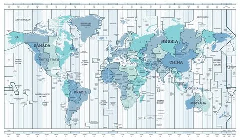 Time Zone Blue Map. Detailed World Map with Countries Names. Stock Illustration