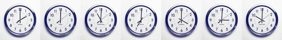 Time zone clocks Stock Photos