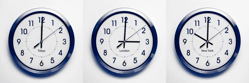 Time zone clocks Stock Photos