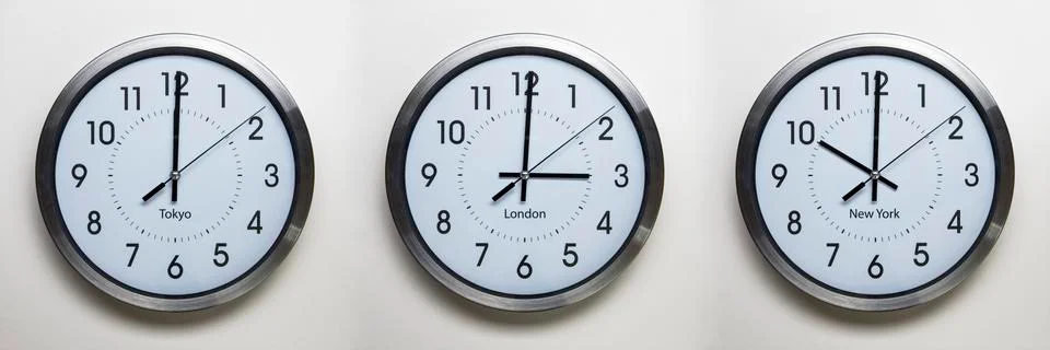 Time zone clocks Stock Photos