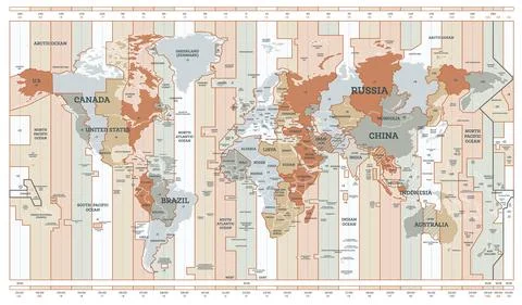 Time Zone Map. Detailed World Map with Countries Names. Stock Illustration