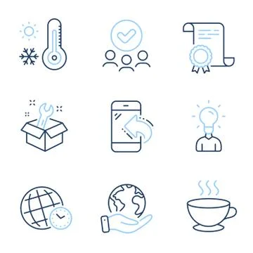 Time zone, Spanner and Coffee cup icons set. Weather thermometer, Education and Stock Illustration