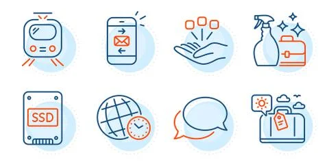 Time zone, Ssd and Messenger icons set. Mail, Consolidation and Travel luggage Stock-Illustration