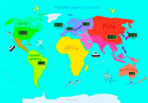 Time zones on a world map. Time difference between countries in summer. Illus Stock Illustration