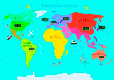 Time zones on a world map. Time difference between countries in winter. Illus Stock Illustration