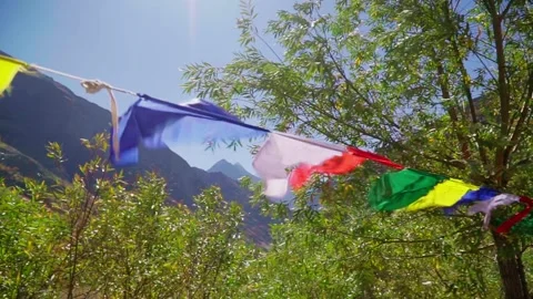 Timebskie colored flags waving in the wind in the Himalayas Stock Footage 168186702