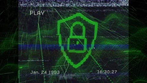 Timecode advancing triggers shield numeral counting up, morphing into padlock to Video stock 329701716