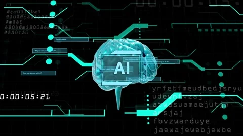 Timecode appearing, cyan 3D AI brain pulsing while HUD panels animating, Stock Footage 335739868