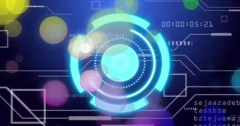 Timecode appearing cyan concentric ring pulsing, rotating while bokeh orbs Video stock 329454386