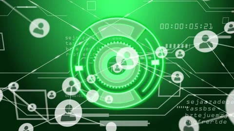 Timecode appearing, HUD rotating and linking icons, strings streaming, Video stock 330143549