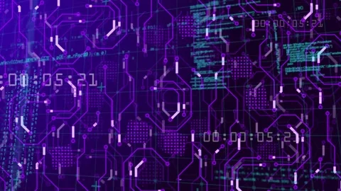 Timecode counting purple circuit HUD showing flowing teal code pulsing nodes for Video stock 335211880