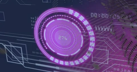 Timecode increment starting, purple HUD rotating, pulsing, updating numeric Video stock 321824948
