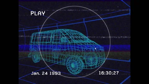 Timecode incrementing triggers glitching across ring-encircled wireframe van Stock Footage 313639806