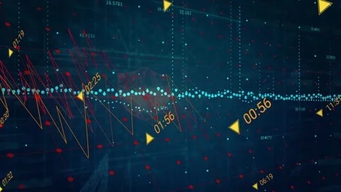 Timecode markers popping up activating line graph spiking under nodes as shield Video stock 317799673