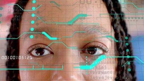 Timecode reaching 00:00:05:11, woman opening eyes gradually, HUD persisting, Video stock 333105766