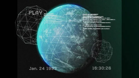 Timecode reaching 16:30:22 starting digital Earth rotating with streaming logs Video stock 309808223