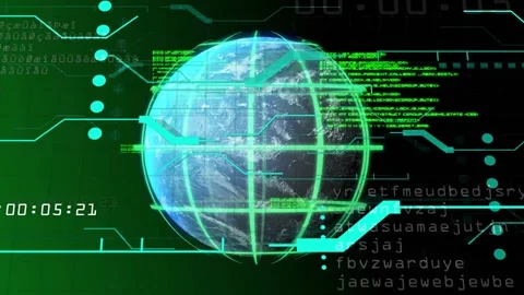 Timecode ticking, globe rotating while HUD nodes pulsing and text rising for Stock Footage 335739428