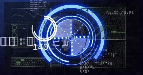 Timecode ticking, HUD spinning, pulsing, flare sweeping, showing globe and left Vidéo 330508665