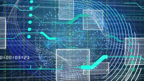 Timecode ticking starting central data core growing, rings spinning, panels Stock Footage 335466046