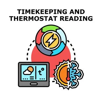 Timekeeping and thermostat reading controlling smart home climate Stock Illustration