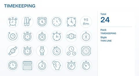 Timekeeping Vector Icon Set with 24 Thin Line High Resolution Pixel Optimiz.. Stock Illustration