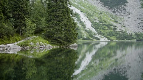 Timelaps passing from the lake to mountain peaks amoong trees 4k HDR H264 Stock Footage 88322403