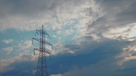 TIMELAPSE 4K HDR ELECTRICITY PYLON CLOUDS SKY BLUE GREECE THESSALONIKI Video stock 247845264