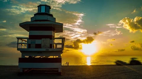 Timelapse 4K Sobe South Beach sunrise lifeguard in Miami Beach, Florida Stock Footage