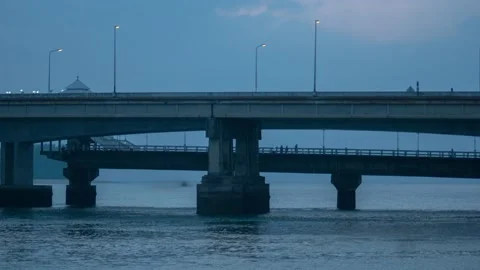 Timelapse 4k Sunset sky with cloud above bridge and river Stock Footage 205393557