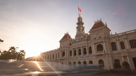 Timelapse 4k video panorama view of the Ho Chi Minh City Hall, Vietnam Stock Footage 120730602