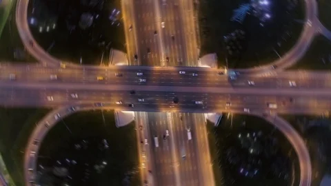 Timelapse above night road junction ntersection active metropolis Moscow traffic Stock Footage 116290295