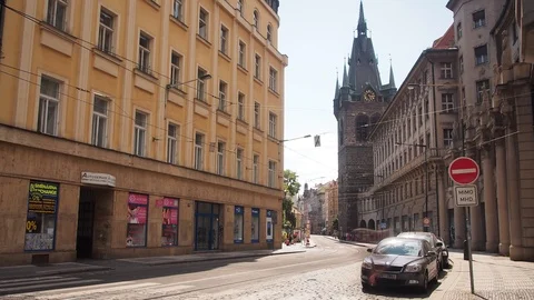 Timelapse of Activity at Henry's Tower Tram Stop, Prague Stock Footage 93288780