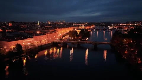 Timelapse aerial night view of Prague National Theatre with trams and cars Stock Footage 319996405