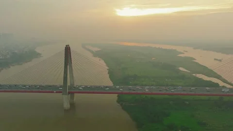 Timelapse aerial skyline view of Nhat Tan bridge in Hanoi city, Vietnam. Stock Footage 342368337