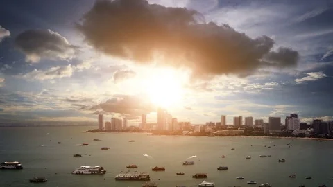 Timelapse Aerial top view. Many sailing, motor, speed boats at Pattaya city. Stock Footage 78064575