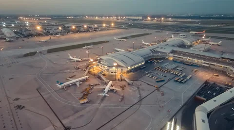 Timelapse. Aerial View of Airport at Sunset with Moving Airplanes,Beijing,China. Stock Footage 62561807